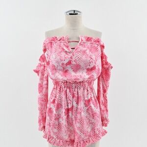 Beach Bunny Tanner Romper Sz XS Pink Snakeskin Off The Shoulder Boho Resort Wear